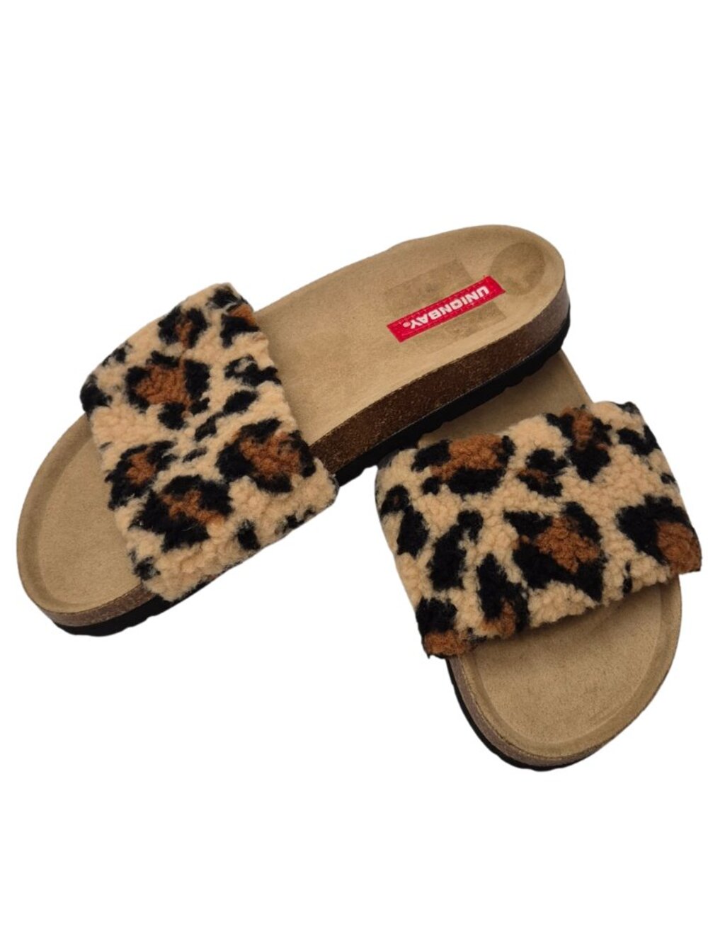 Unionbay Fuzzy Slides Sandals Leopard Print Cork Platform Brown Womens Size 7